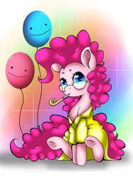 Size: 1536x2048 | Tagged: safe, artist:valiantstar00, derpibooru import, pinkie pie, earth pony, pony, abstract background, accessory swap, balloon, beanbrows, clothes, ear fluff, eyebrows, female, glasses, implied cheese sandwich, looking at you, mare, oversized clothes, party whistle, shirt, sitting, solo