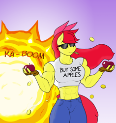 Size: 1280x1355 | Tagged: safe, artist:matchstickman, apple bloom, anthro, earth pony, abs, apple, apple bloomed, apple brawn, biceps, bits, breasts, buy some apples, clothes, coin, comic, cool guys don't look at explosions, deltoids, explosion, female, fingerless gloves, food, gloves, gradient background, jeans, kaboom, mare, matchstickman's apple brawn series, midriff, money, muscles, no dialogue, older, older apple bloom, pants, pecs, shirt, single panel, solo, straw in mouth, sunglasses, tanktop, tumblr comic, tumblr:where the apple blossoms
