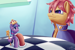 Size: 3000x2000 | Tagged: safe, artist:theunconsistentone, twilight sparkle, twilight sparkle (alicorn), oc, alicorn, pony, cape, chess, chessboard, clothes, crown, jewelry, regalia, scepter, twilight scepter