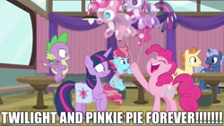 Size: 1136x640 | Tagged: safe, derpibooru import, edit, edited screencap, screencap, cup cake, golden crust, midnight snack (character), pinkie pie, spike, twilight sparkle, twilight sparkle (alicorn), alicorn, dragon, earth pony, pony, a trivial pursuit, balloon, caption, chinese, excessive exclamation marks, friendship student, image macro, pinkie balloon, pinkie pie balloons, text, twilight balloon, winged spike