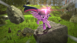 Size: 3840x2160 | Tagged: safe, artist:alicorntwilysparkle, twilight sparkle, twilight sparkle (alicorn), alicorn, pony, season 9, spoiler:s09, 3d, action, female, forest, grass, horn, jumping, looking at you, magic, mare, nose wrinkle, revamped ponies, rock, solo, source filmmaker, tree