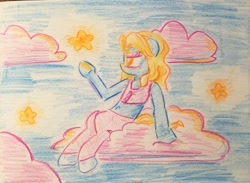 Size: 1844x1353 | Tagged: safe, artist:shoeunit, earth pony, pony, britneigh spears, clothes, cloud, colored pencil drawing, solo, traditional art