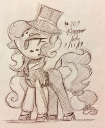 Size: 1967x2386 | Tagged: safe, artist:floofyfoxcomics, oc, oc:peppermint mocha (pegasusjedi), pony, clothes, female, hat, high heels, mare, monochrome, pants, shoes, solo, traditional art, wingless