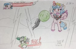 Size: 2354x1536 | Tagged: safe, artist:gmangamer25, cozy glow, oc, oc:gamer blitz, alicorn, pegasus, pony, alicorn amulet, alicornified, ball, cozycorn, crossover, female, glowing horn, hilarious in hindsight, horn, jumping, lightning, magic, male, mare, motion lines, race swap, rolling, sonic the hedgehog (series), spin dash, stallion, super smash bros., super smash bros. ultimate, traditional art