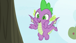 Size: 1280x720 | Tagged: safe, screencap, spike, dragon, the big mac question, claws, cute, fangs, flying, sky, smiling, spikabetes, winged spike, wings