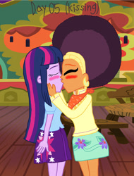 Size: 3000x3938 | Tagged: safe, artist:bigpurplemuppet99, saffron masala, twilight sparkle, equestria girls, 30 day otp challenge, afro, blouse, equestria girls-ified, female, kissing, kurta, lesbian, miniskirt, shipping, the tasty treat, twiffron