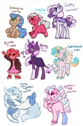 Size: 727x1100 | Tagged: safe, artist:bubaiuv, oc, oc only, oc:blueberry jam, oc:bubblegum pop, oc:candy crush, oc:chamomille, oc:good vibrations, oc:majesty, oc:roxette, oc:snowy cyclone, bat pony, draconequus, earth pony, hippogriff, hybrid, pony, unicorn, equestria girls, colt, female, filly, interspecies offspring, magical gay spawn, magical lesbian spawn, male, mare, offspring, parent:cheese sandwich, parent:coloratura, parent:discord, parent:party favor, parent:pinkie pie, parent:princess skystar, parent:rainbow dash, parent:rarity, parent:soarin', parent:sunset shimmer, parent:tempest shadow, parents:cheesefavor, parents:lunashy, parents:pinkiedash, parents:rarapie, parents:skypie, parents:sunsetpie, parents:tempity