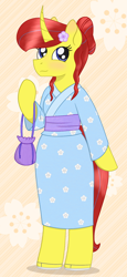 Size: 832x1804 | Tagged: safe, artist:dyonys, oc, oc:maya yamato, semi-anthro, unicorn, bag, blushing, clothes, curved horn, cute, flower, flower in hair, horn, sandals, simple background, standing, yukata