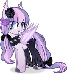 Size: 5201x5770 | Tagged: safe, artist:kojibiose, oc, oc only, oc:lavender rose, bat pony, pony, bat pony oc, choker, female, flower, flower in hair, grin, looking at you, mare, simple background, slit eyes, smiling, solo, spiked choker, transparent background, vector