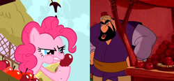 Size: 1409x656 | Tagged: safe, derpibooru import, screencap, pinkie pie, earth pony, human, pony, green isn't your color, aladdin, apple, farouk, food