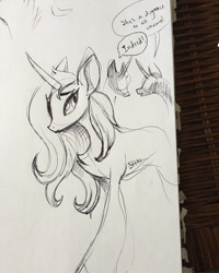 Size: 1080x1349 | Tagged: safe, artist:commander booty call, oleander, classical unicorn, unicorn, them's fightin' herds, cloven hooves, community related, exclamation point, female, leonine tail, monochrome, simple background, speech, speech bubble, traditional art, unshorn fetlocks