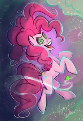 Size: 1280x1862 | Tagged: safe, artist:mad--munchkin, derpibooru import, pinkie pie, earth pony, pony, the ending of the end, chaos pinkie, deviantart watermark, laughing, obtrusive watermark, open mouth, signature, solo, swirly eyes, watermark, xk-class end-of-the-world scenario
