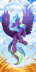 Size: 760x1500 | Tagged: safe, artist:hioshiru, oc, oc only, oc:zolifer, pegasus, pony, chest fluff, cloud, colored hooves, field, flying, looking up, male, solo, spread wings, stallion, wings