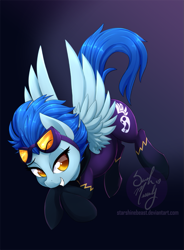 Size: 663x900 | Tagged: safe, artist:starshinebeast, nightshade, pegasus, pony, clothes, colored pupils, costume, female, goggles, lidded eyes, mare, shadowbolts, shadowbolts (nightmare moon's minions), shadowbolts costume, solo, spread wings, wings