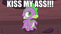 Size: 1920x1080 | Tagged: safe, edit, edited screencap, screencap, spike, dragon, sweet and smoky, butt, caption, dragonbutt, excessive exclamation marks, image macro, kiss my ass, male, smiling, solo, text, vulgar, winged spike