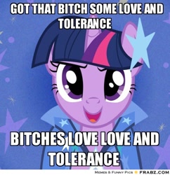 Size: 500x516 | Tagged: safe, edit, edited screencap, screencap, twilight sparkle, pony, unicorn, the best night ever, abstract background, bust, clothes, cropped, dress, gala dress, love and tolerance, meme, motivational poster, portrait, solo, stars, swearing, vulgar