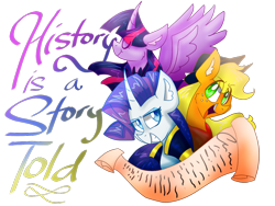 Size: 1024x768 | Tagged: safe, artist:emuuanne, derpibooru import, applejack, rarity, twilight sparkle, twilight sparkle (alicorn), alicorn, earth pony, pony, unicorn, a story told, bust, clothes, curved horn, female, grin, horn, lyrics, open mouth, scroll, simple background, smiling, spread wings, text, the count of monte cristo, the count of monte rainbow, transparent background, trio, trio female, wings