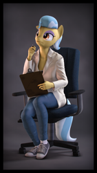 Size: 2160x3840 | Tagged: safe, artist:imafutureguitarhero, doctor fauna, anthro, earth pony, plantigrade anthro, 3d, 4k resolution, border, chair, chromatic aberration, clipboard, clothes, colored eyebrows, commission, converse, eyeshadow, female, film grain, floppy ears, high res, jeans, lab coat, makeup, mare, office chair, pants, pen, raised eyebrow, shoes, signature, sneakers, solo, source filmmaker, thinking, vertical