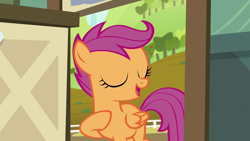 Size: 1280x720 | Tagged: safe, screencap, scootaloo, pegasus, pony, brotherhooves social, eyes closed, female, filly, open mouth, solo