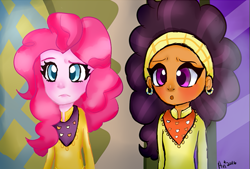 Size: 587x397 | Tagged: safe, artist:ari090, edit, pinkie pie, saffron masala, equestria girls, spice up your life, clothes, ear piercing, earring, equestria girls interpretation, equestria girls-ified, hairband, jewelry, piercing, scene interpretation, shirt