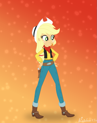 Size: 563x716 | Tagged: safe, artist:rainbow15s, applejack, equestria girls, belt, boots, clothes, cowboy boots, cowboy hat, cowgirl, cowgirl outfit, crossover, gun, hat, jeans, lucky luke, pants, shoes, solo, stetson, vest, weapon