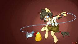 Size: 2732x1536 | Tagged: safe, artist:spheedc, oc, oc only, oc:sphee, earth pony, semi-anthro, bipedal, clothes, digital art, female, filly, glasses, gradient background, mare, solo, suspenders