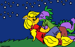 Size: 1053x655 | Tagged: safe, artist:tmntfan85, derpibooru import, applejack, spike, dragon, earth pony, pony, applespike, female, kissing, male, shipping, stars, straight