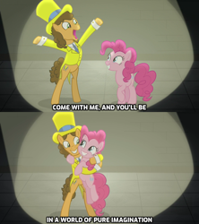 Size: 1280x1440 | Tagged: safe, derpibooru import, edit, edited screencap, screencap, cheese sandwich, pinkie pie, earth pony, pony, the last laugh, caption, charlie and the chocolate factory, cheesepie, female, heartwarming, hug, lyrics in the description, male, pure imagination, shipping, song in the description, song reference, straight, willy wonka and the chocolate factory, youtube link