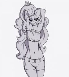 Size: 1141x1280 | Tagged: safe, artist:daedoodles, oc, oc only, anthro, earth pony, arm behind head, armpits, grayscale, looking at you, monochrome, one eye closed, smiling, solo, tube top, wink