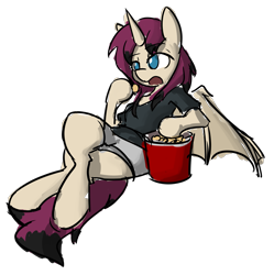 Size: 1625x1630 | Tagged: safe, artist:spheedc, oc, oc only, oc:svarlet batfire, alicorn, bat pony, bat pony alicorn, bat pony oc, clothes, digital art, eating, female, food, mare, popcorn, simple background, solo, transparent background