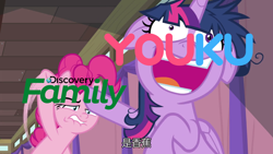 Size: 1920x1080 | Tagged: safe, derpibooru import, edit, edited screencap, screencap, pinkie pie, twilight sparkle, twilight sparkle (alicorn), alicorn, earth pony, pony, a trivial pursuit, china, chinese, discovery family logo, faic, floppy ears, messy mane, metaphor, subtitles, twilight snapple, united states, youku