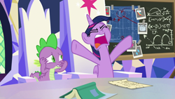 Size: 1920x1080 | Tagged: safe, screencap, spike, twilight sparkle, twilight sparkle (alicorn), alicorn, dragon, pony, sparkle's seven, angry, board, book, chalkboard, come on, cutie mark, equalized, eyes closed, math, meme, notebook, oh come on, oh no, open mouth, rage, rage face, table