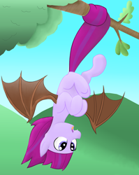 Size: 5488x6888 | Tagged: safe, artist:mr100dragon100, oc, oc only, bat pony, pony, undead, vampire, vampony, bat pony oc, female, filly, hanging, prehensile tail, solo, swinging, tree branch