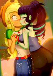Size: 1250x1800 | Tagged: safe, artist:the-butch-x, applejack, coloratura, better together, equestria girls, ass, betrayal, blushing, breasts, butt, clothes, coloratur-ass, commission, eyes closed, female, geode of super strength, kissing, lesbian, magical geodes, rara, rarajack, shipping, surprise kiss