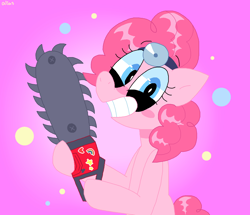 Size: 1338x1152 | Tagged: safe, artist:spritecranbirdie, derpibooru import, pinkie pie, earth pony, pony, chainsaw, cupcakes hd, female, grimcute, insanity, mare, smiling, solo