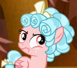 Size: 477x425 | Tagged: safe, edit, edited screencap, screencap, cozy glow, lord tirek, pegasus, pony, the beginning of the end, cozy glow is best facemaker, cozy glow is not amused, cozybetes, cropped, curly mane, cute, eyeroll, female, filly, foal, freckles, hair ribbon, puffy cheeks, ribbon, solo focus