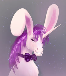 Size: 2017x2325 | Tagged: safe, artist:xbi, oc, oc only, oc:lapush buns, pony, unicorn, bowtie, bunny ears, bunnycorn, bust, gradient background, hoers, looking at you, portrait, smiling, solo