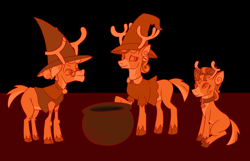 Size: 3332x2142 | Tagged: safe, artist:oneovertwo, alice the reindeer, aurora the reindeer, bori the reindeer, pony, cauldron, clothes, costume, halloween, hat, holiday, the gift givers, witch