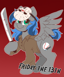 Size: 847x1024 | Tagged: safe, artist:littlebibbo, oc, oc only, oc:bibbo, pegasus, pony, blood, clothes, costume, cutie mark, freckles, friday the 13th, jacket, jason voorhees, looking at you, machete, mask, red background, simple background, solo, tail bun, text, wings