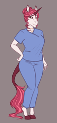 Size: 352x761 | Tagged: safe, artist:askbubblelee, oc, oc only, oc:impala lily, anthro, hybrid, unguligrade anthro, unicorn, zony, anthro oc, clothes, digital art, female, mare, nurse, nurse uniform, solo, tied hair