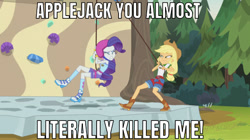 Size: 639x359 | Tagged: safe, edit, edited screencap, editor:undeadponysoldier, screencap, applejack, rarity, equestria girls, legend of everfree, bronies react, camp everfree outfits, caption, climbing harness, climbing wall, helmet, image macro, implied death, meme, reference, rope, text, viva reverie