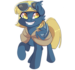 Size: 923x866 | Tagged: safe, artist:pillowrabbit, oc, bat pony, pony, bat pony oc, cloak, clothes, fangs, grin, raised hoof, simple background, smiling, solo, sunglasses, white background