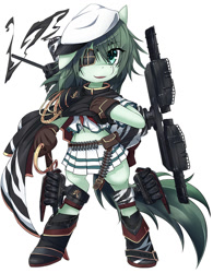 Size: 965x1236 | Tagged: safe, artist:roshichen, earth pony, pony, semi-anthro, belt, beret, bipedal, boots, bullet, cape, clothes, cute, cutlass, eyepatch, gloves, green eyes, green hair, green mane, hat, kantai collection, kiso, kuma class light cruiser, miniskirt, pauldron, pleated skirt, ponified, rigging, sailor uniform, shipmare, shoes, skirt, solo, sword, torpedo cruiser, weapon