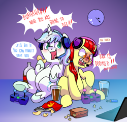 Size: 1050x1010 | Tagged: safe, artist:paperbagpony, oc, oc:frozen rose, oc:taekwon magic, earth pony, unicorn, chips, clock, computer, dialogue, food, headphones, laptop computer, paper bag, playing, popcorn, soda