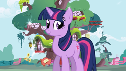 Size: 1280x720 | Tagged: safe, screencap, twilight sparkle, unicorn twilight, pony, unicorn, balcony, beehive, cloud, door, fence, flower, golden oaks library, home, lantern, library, opening, ponyville, smiling, solo, sparkles, tree, treehouse, window