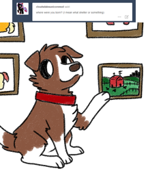 Size: 800x920 | Tagged: safe, artist:askwinonadog, winona, dog, ask, ask winona, barn, picture frame, simple background, sitting, solo, tumblr, white background