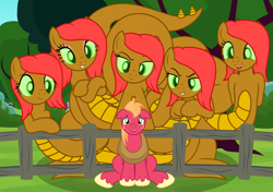 Size: 3176x2242 | Tagged: safe, artist:badumsquish, derpibooru exclusive, big macintosh, oc, earth pony, hybrid, hydra, monster pony, original species, pony, arm behind back, claws, crossed hooves, dreamworks face, eyes on the prize, eyeshadow, fear, female, fence, floppy ears, freckles, green eyes, grin, hydra pony, leaning, looking at you, makeup, male, monster mare, multiple heads, nervous, open mouth, orchard, piper perri surrounded, raised tail, scared, sitting, size difference, slit eyes, smiling, sweat, sweatdrops, tail, this will end in rape, this will end in snu snu, tree, unshorn fetlocks, yoke