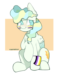 Size: 794x1007 | Tagged: safe, artist:onionpwder, vapor trail, pegasus, pony, cute, face paint, flag, hoof hold, lgbt headcanon, nonbinary, nonbinary pride flag, pride, pride flag, raised hoof, sitting, solo