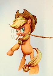 Size: 1539x2182 | Tagged: source needed, safe, artist:hu乘云, derpibooru import, applejack, earth pony, pony, bipedal, cowboy, cowboy hat, hat, mouth hold, pulling, rope, solo