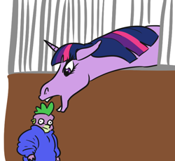 Size: 660x607 | Tagged: safe, artist:jargon scott, spike, twilight sparkle, dragon, horse, pony, unicorn, clothes, coat, faic, hoers, horses doing horse things, imminent pain, open mouth, ponified, ponified animal photo, this will end in tears